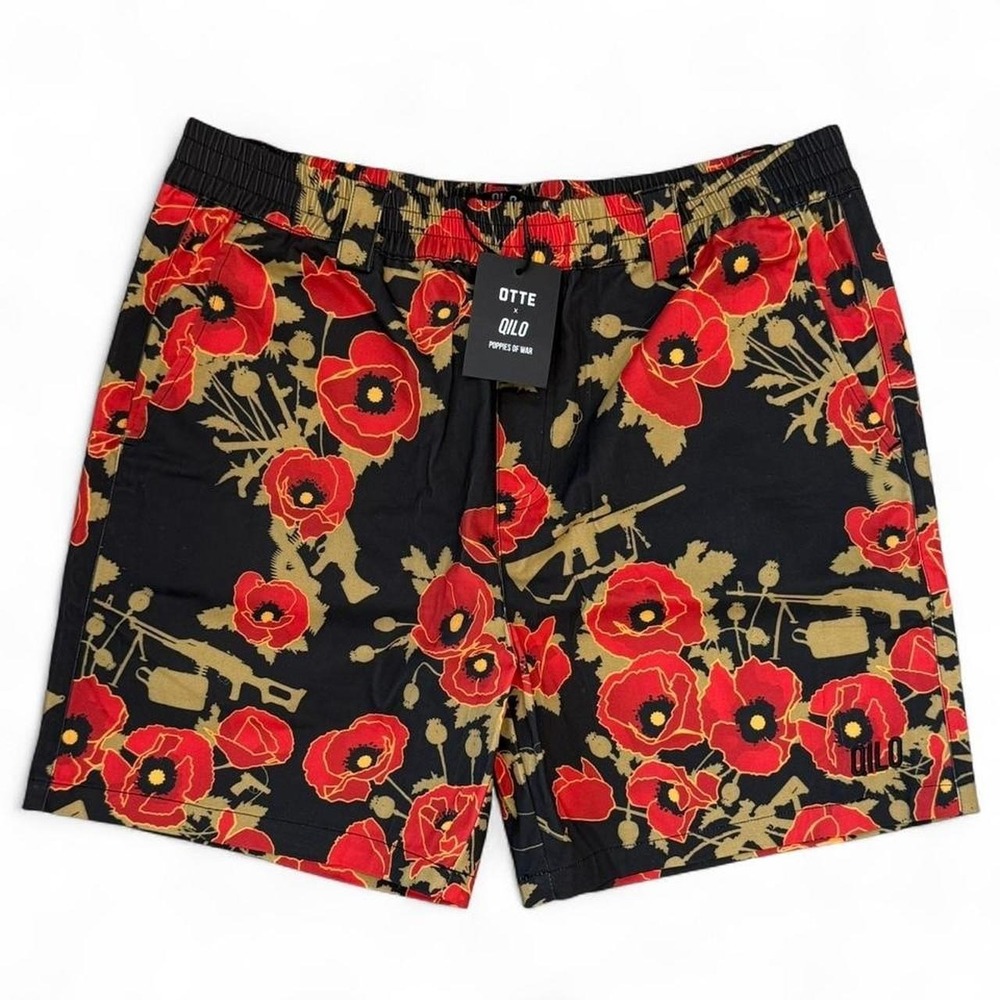 Otto x Qilo Poppies Of War Floral Shorts Adult Size Large Beach Summer Coastal